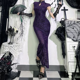 Hollow out spider web print slit v neck cut out maxi dress