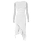 Long sleeve mesh patchwork ruffle midi dress