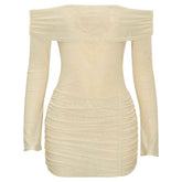 Long sleeve off shoulder glitter mesh ruched mini dress