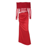 Hollow out off sleeve mesh patchwork cut out maxi dress
