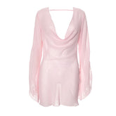 Cowl neck long sleeve chiffon see through mini dress