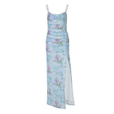 U neck flower print high slit cami maxi dress