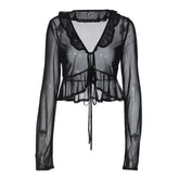 Long sleeve sheer mesh ruffle self tie top