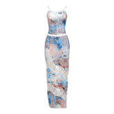 Contrast lace patchwork slit cami maxi dress