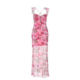 Flower print mesh corss back cami maxi dress
