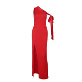 One shoulder slit solid maxi dress