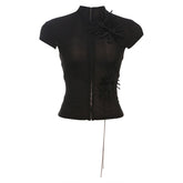 High neck short sleeve flower applique button top
