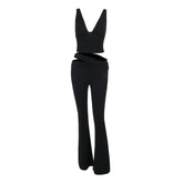 V neck solid hollow out pant set