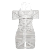 Ruched halter self tie mesh v neck mini dress