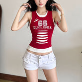 Crewneck hollow out figure pattern contrast cut out top