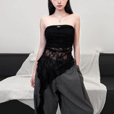 Metal tag lace ruched irregular tube top