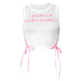 Letter print crewneck lace up crop top