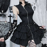 High sleeveless neck zip-up ruffle mini dress