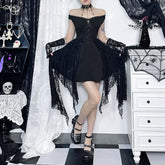Off shoulder cross applique ruffle mesh patchwork mini dress