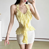 Ruffle v neck halter backless ruched top