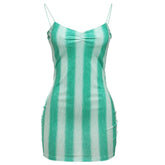 Striped print v neck spaghetti strap mini dress