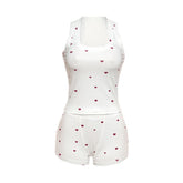 Square neck heart print ribbed pant set