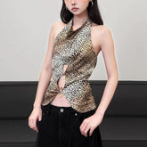 Leopard print halter button o ring hollow out cut out top