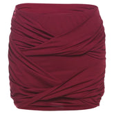 Wine ruched irregular solid mini skirt