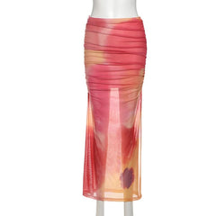 Ruched print contrast mesh slit maxi skirt