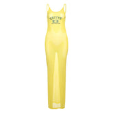 Sheer mesh letter pattern u neck cami maxi dress