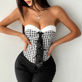Sweetheart neck plaid bowknot top