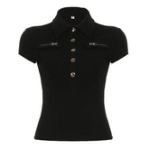 Turnover collar short sleeve button top