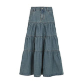 Ruched button pocket denim maxi skirt