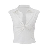 Turnover collar ruched cap sleeve top