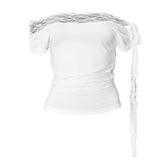 Off shoulder lace hem self tie irregular top