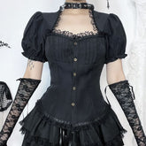 Short sleeve button lace hem pleated top