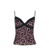 Leopard print lace hem v neck spaghetti strap top