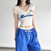 Short sleeve v neck letter print top