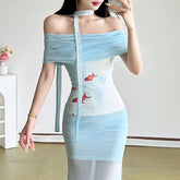Off shoulder mesh fish print top