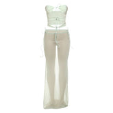 Self tie hollow out mesh maxi skirt set