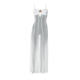 Mesh hollow out flower applique cami cut out maxi dress
