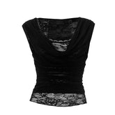 Ruched lace patchwork mesh top