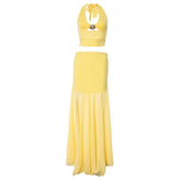 Halter flower applique hollow out maxi skirt set