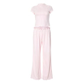 Short sleeve ruffle bowknot pant set