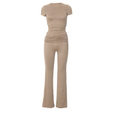 Crewneck ruched short sleeve high rise pant set