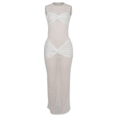 Crewneck sleeveless mesh patchwork ruched maxi dress
