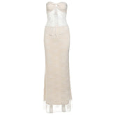 Sweetheart neck lace self tie crop maxi skirt set