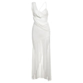 Cowl neck ruched mesh slit cami maxi dress