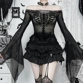 Long flared sleeve off shoulder mesh drawstring top