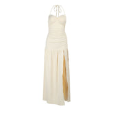 Ruched halter high slit maxi dress