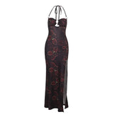 Halter o ring backless flower print slit maxi dress