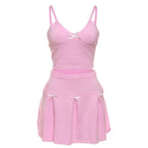 V neck bowknot knitted cami mini skirt set