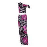 One shoulder flower leopard print maxi skirt set