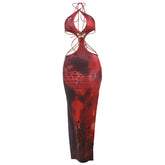 Halter self tie slit metal chain print maxi dress