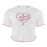 Crewneck short sleeve ruffle letter embroidery top